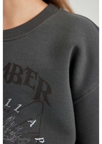 Kız Çocuk Baskılı Bisiklet Yaka Kalın Sweatshirt B7817A823WN