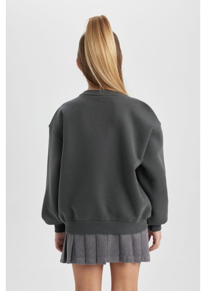 Kız Çocuk Baskılı Bisiklet Yaka Kalın Sweatshirt B7817A823WN