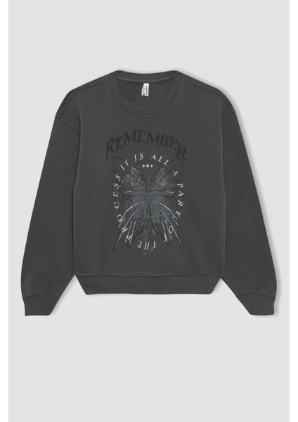 Kız Çocuk Baskılı Bisiklet Yaka Kalın Sweatshirt B7817A823WN