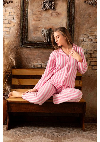 Çizgili Düğmeli Gömlek Yaka Peluş Polar Pijama Takımı fiyatları