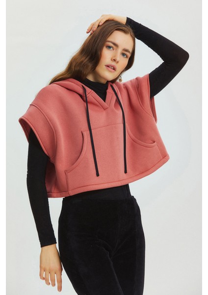 Kapüşonlu Pamuklu Crop Sweatshirt Pembe