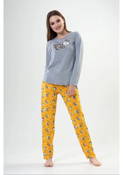 Kadın Gri Tavşanlı Sarı - Uzun Kollu Pijama Takımı