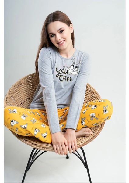 Kadın Gri Tavşanlı Sarı - Uzun Kollu Pijama Takımı