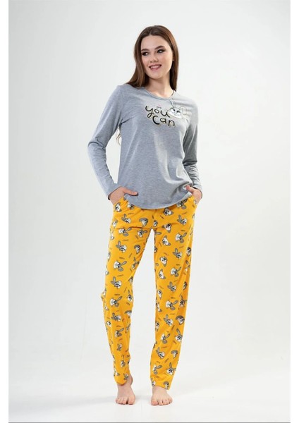 Kadın Gri Tavşanlı Sarı - Uzun Kollu Pijama Takımı