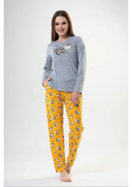 Kadın Gri Tavşanlı Sarı - Uzun Kollu Pijama Takımı