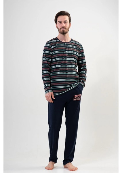 Erkek Tarz Yeşil Siyah Çizgili - Lacivert Uzun Kollu Pijama Takımı