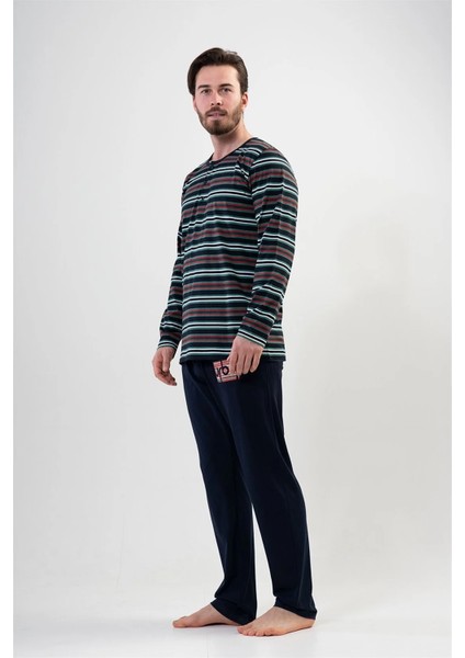 Erkek Tarz Yeşil Siyah Çizgili - Lacivert Uzun Kollu Pijama Takımı fiyatları