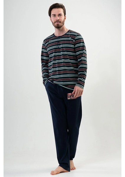 Erkek Tarz Yeşil Siyah Çizgili - Lacivert Uzun Kollu Pijama Takımı modelleri