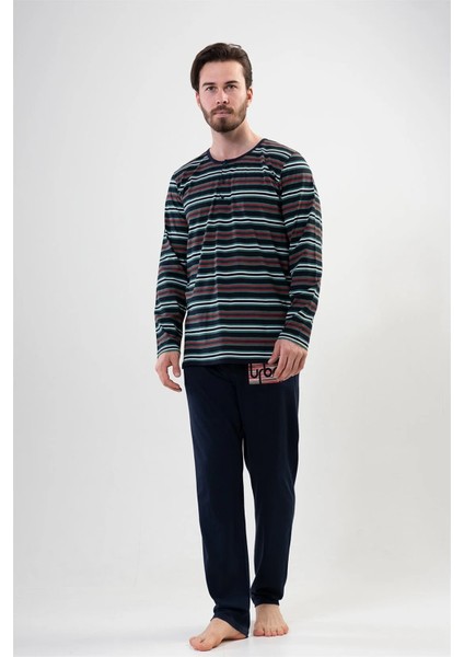 Erkek Tarz Yeşil Siyah Çizgili - Lacivert Uzun Kollu Pijama Takımı fırsatları