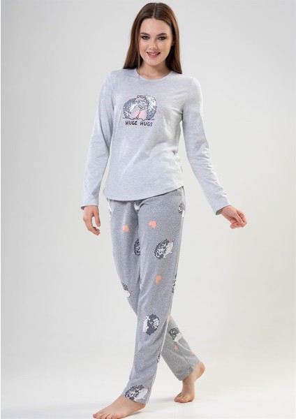 Bayan Gri Kirpili - Uzun Kollu Pijama Takımı