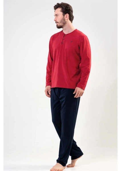 Erkek Bordo Düğmeli Lacivert - Uzun Kollu Pijama Takımı