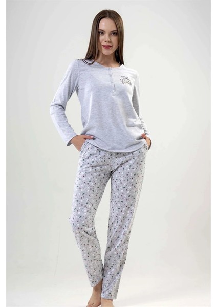Bayan Gri Çiçekli Düğmeli - Uzun Kollu Pijama Takımı