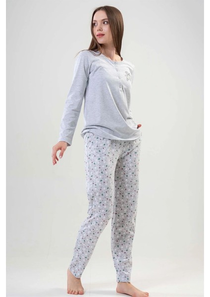 Bayan Gri Çiçekli Düğmeli - Uzun Kollu Pijama Takımı fiyatları