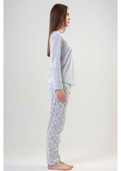 Bayan Gri Çiçekli Düğmeli - Uzun Kollu Pijama Takımı modelleri