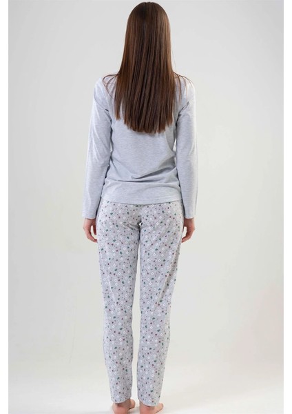 Bayan Gri Çiçekli Düğmeli - Uzun Kollu Pijama Takımı fırsatları