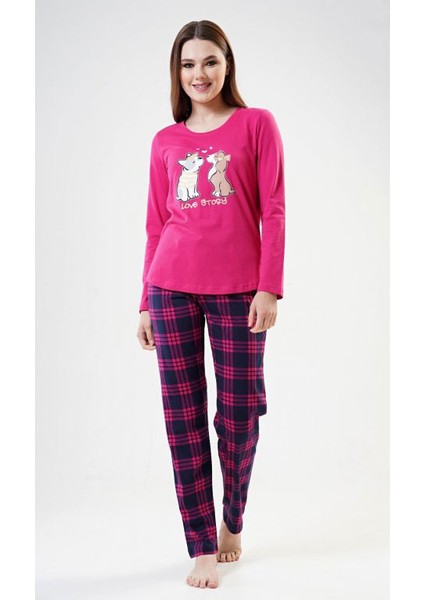 Bayan Koyu Pembe Kareli - Uzun Kollu Pijama Takımı