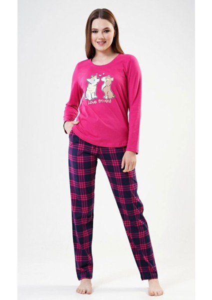 Bayan Koyu Pembe Kareli - Uzun Kollu Pijama Takımı