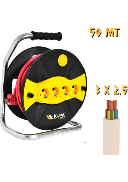 Kupa Makaralı Uzatma Kablosu 3x2.5 - 4 Priz - 50 Mt.
