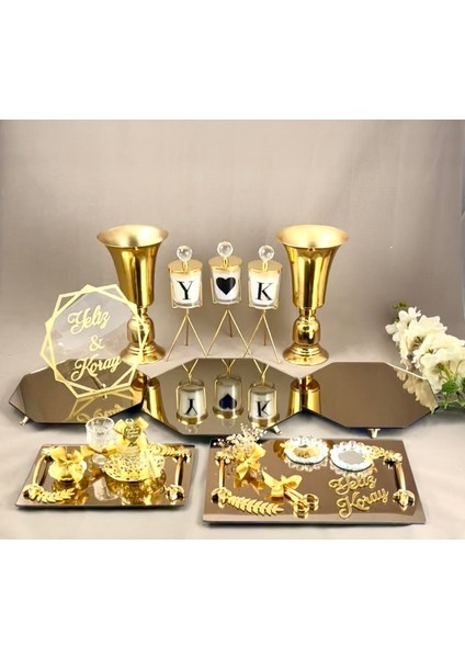 Komple Set Söz Nişan Sunum Masası Seti Jardinyer Şamdan Metal Vazo Tepsi Full Organizasyon Takım