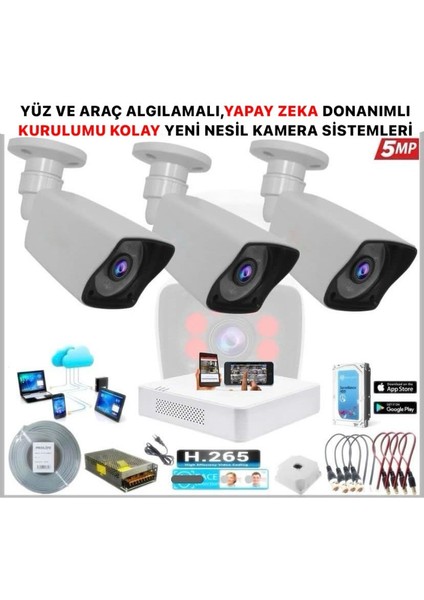 KOLAY KURULUM 3 Kameralı 5 Mp Gece Görüş Yapay Zeka Yüz Tanıma Araç Algılamalı Güvenlik Kamera Seti