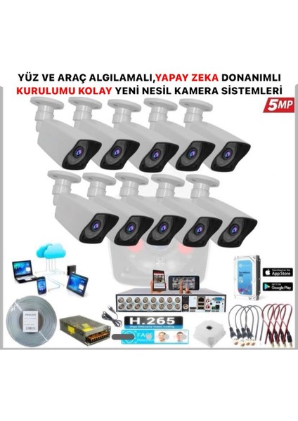 KOLAY KURULUM 10 Kameralı 5 Mp Gece Görüş Yapay Zeka Yüz Tanıma Araç Algılamalı Güvenlik Kamera Seti