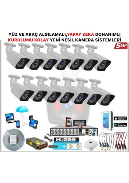 KOLAY KURULUM 14 Kameralı 5 Mp Gece Görüş Yapay Zeka Yüz Tanıma Araç Algılamalı Güvenlik Kamera Seti