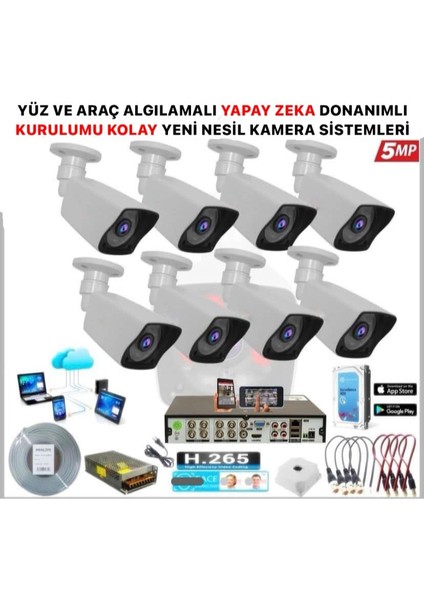 KOLAY KURULUM 8 Kameralı 5 Mp Gece Görüş Yapay Zeka Yüz Tanıma Araç Algılamalı Güvenlik Kamera Seti