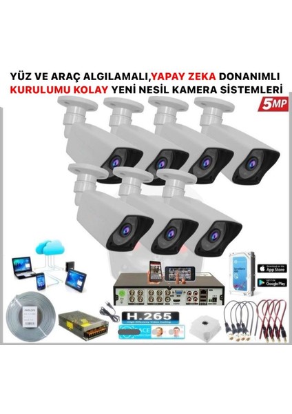 KOLAY KURULUM 7 Kameralı 5 Mp Gece Görüş Yapay Zeka Yüz Tanıma Araç Algılamalı Güvenlik Kamera Seti