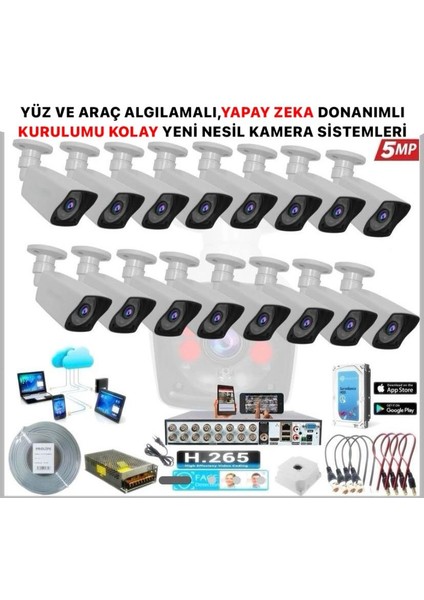 KOLAY KURULUM 16 Kameralı 5 Mp Gece Görüş Yapay Zeka Yüz Tanıma Araç Algılamalı Güvenlik Kamera Seti