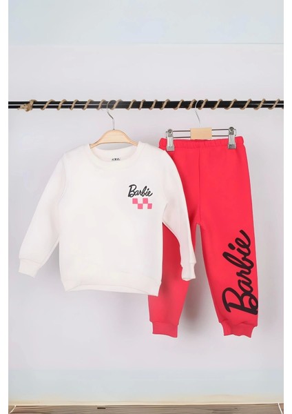 Kız Çocuk Barbie Baskılı Fuşya 3 Iplik Şardonlu Kışlık Sweat ve Eşofman Alt Üst Takım