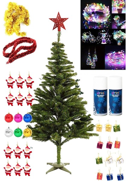 150 cm Yılbaşı Çam Ağaç Seti 10 Metre Pilli Rgb LED Işıklı, Tepe Yıldızı 33 Parça Süs, 2 Kar Spreyi