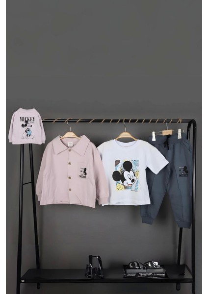 Erkek Çocuk Mickey Mouse Baskılı Gömlek Ceket T-Shirt ve Eşofman 3 Parça Mevsimlik Takım