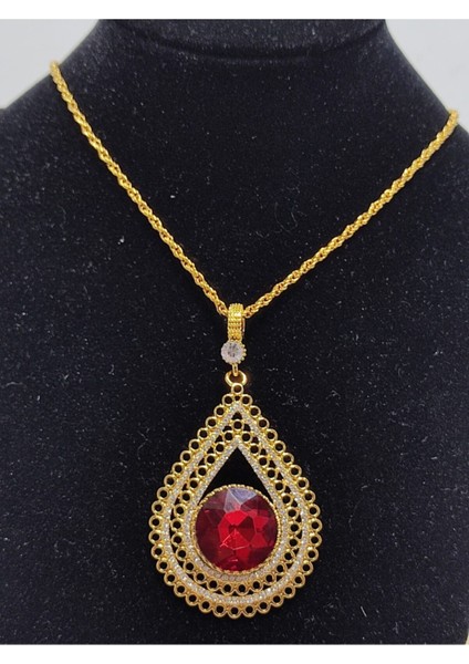 Kadın Kırmızı Damla Osmanlı Tuğralı Zirkon Taşlı 22 Ayar Altın Kaplama Kolye