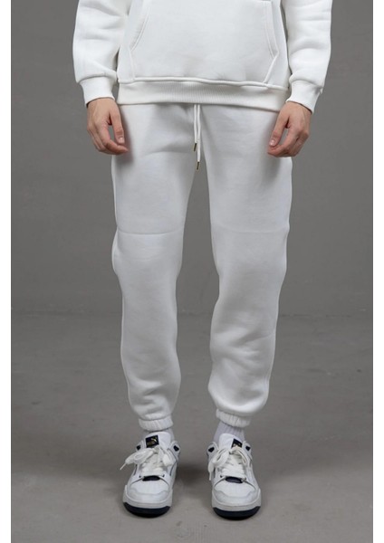 Erkek Üç İplik İçi Şardonlu Lastikli Paça Eşofman Beyaz