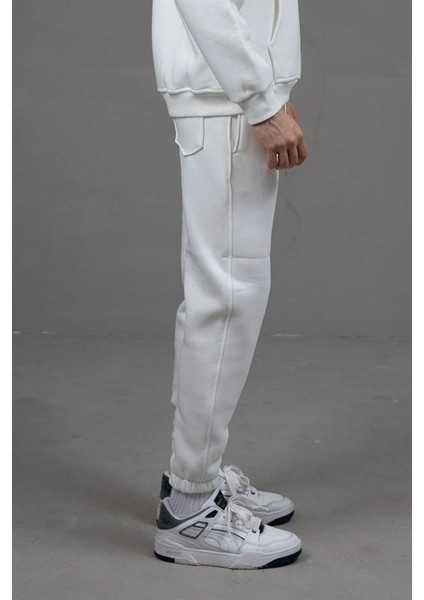 Erkek Üç İplik İçi Şardonlu Lastikli Paça Eşofman Beyaz modelleri
