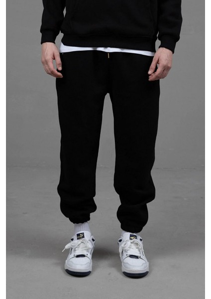 Erkek Üç İplik İçi Şardonlu Lastikli Paça Eşofman Siyah