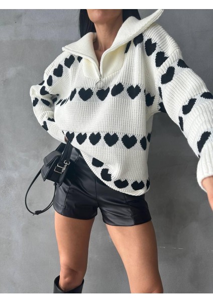 Kadın Fermuarlı Kalp Desenli Triko Kazak Krem fiyatları