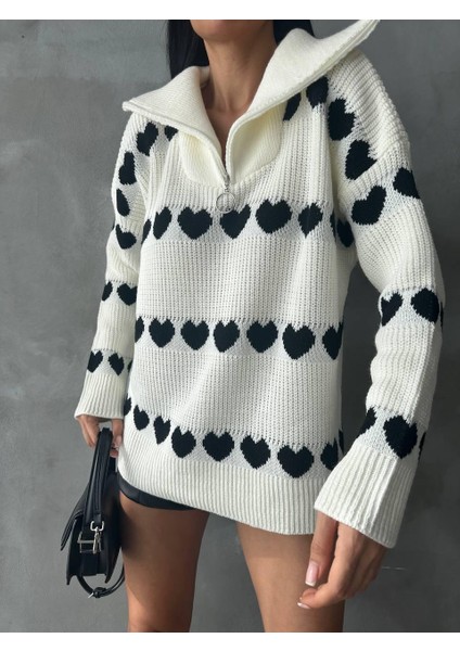 Kadın Fermuarlı Kalp Desenli Triko Kazak Krem modelleri