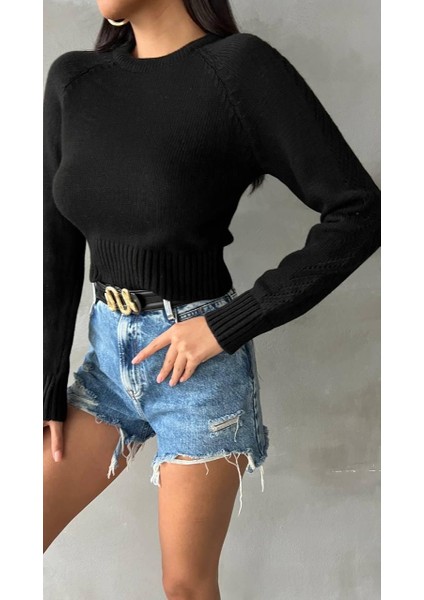 Kadın Kol Ajurlu Triko Kazak Siyah