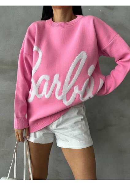 Kadın Barbi Yazılı Triko Kazak Pembe