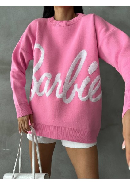 Kadın Barbi Yazılı Triko Kazak Pembe modelleri