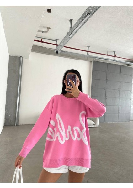 Kadın Barbi Yazılı Triko Kazak Pembe fırsatları