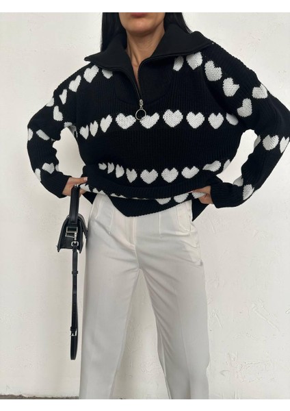 Kadın Fermuarlı Kalp Desenli Triko Kazak Siyah fiyatları