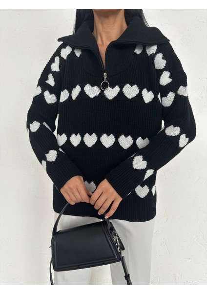 Kadın Fermuarlı Kalp Desenli Triko Kazak Siyah modelleri