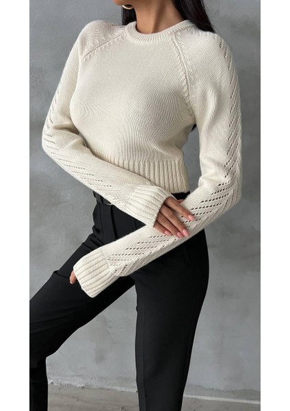Kadın Kol Ajurlu Triko Kazak Krem