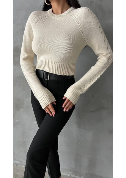 Kadın Kol Ajurlu Triko Kazak Krem fiyatları