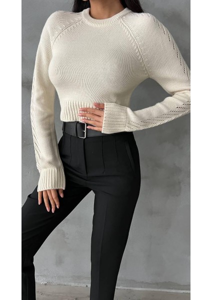Kadın Kol Ajurlu Triko Kazak Krem modelleri