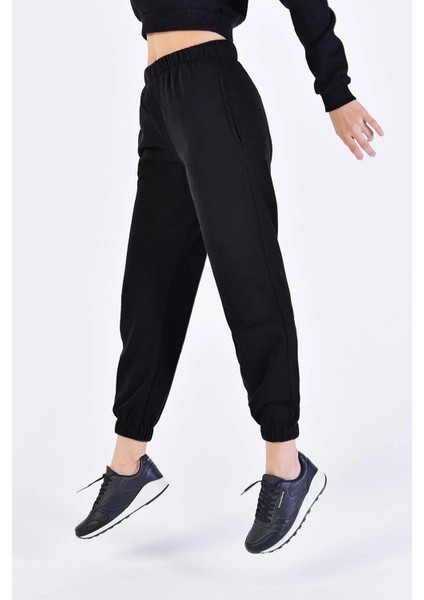 Kadın Kalın Içi Şardonlu Paça Lastikli Eşofman Altı Siyah