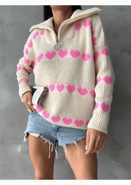 Kadın Fermuarlı Kalp Desenli Triko Kazak Bej modelleri