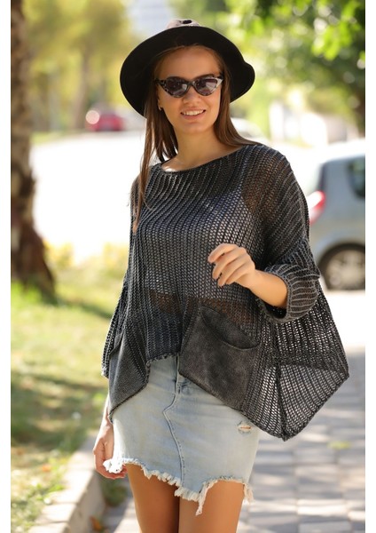 Kadın Antrasit Bohem Ajurlu Asimetrik Baharlık Salaş Merserize Yıkamalı Triko
